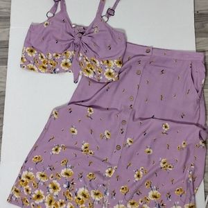 Lovecrazy 2 Piece Skirt Set Floral Summer Wooden Buttons high rise sz L